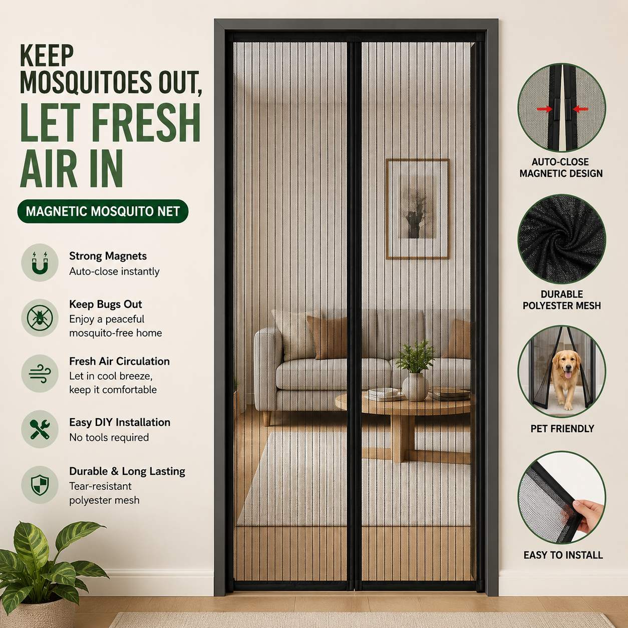 Magic Mesh Magnetic Mosquito Screen Door Net Curtain with Magnets Reinforced Polyester Mesh Curtain